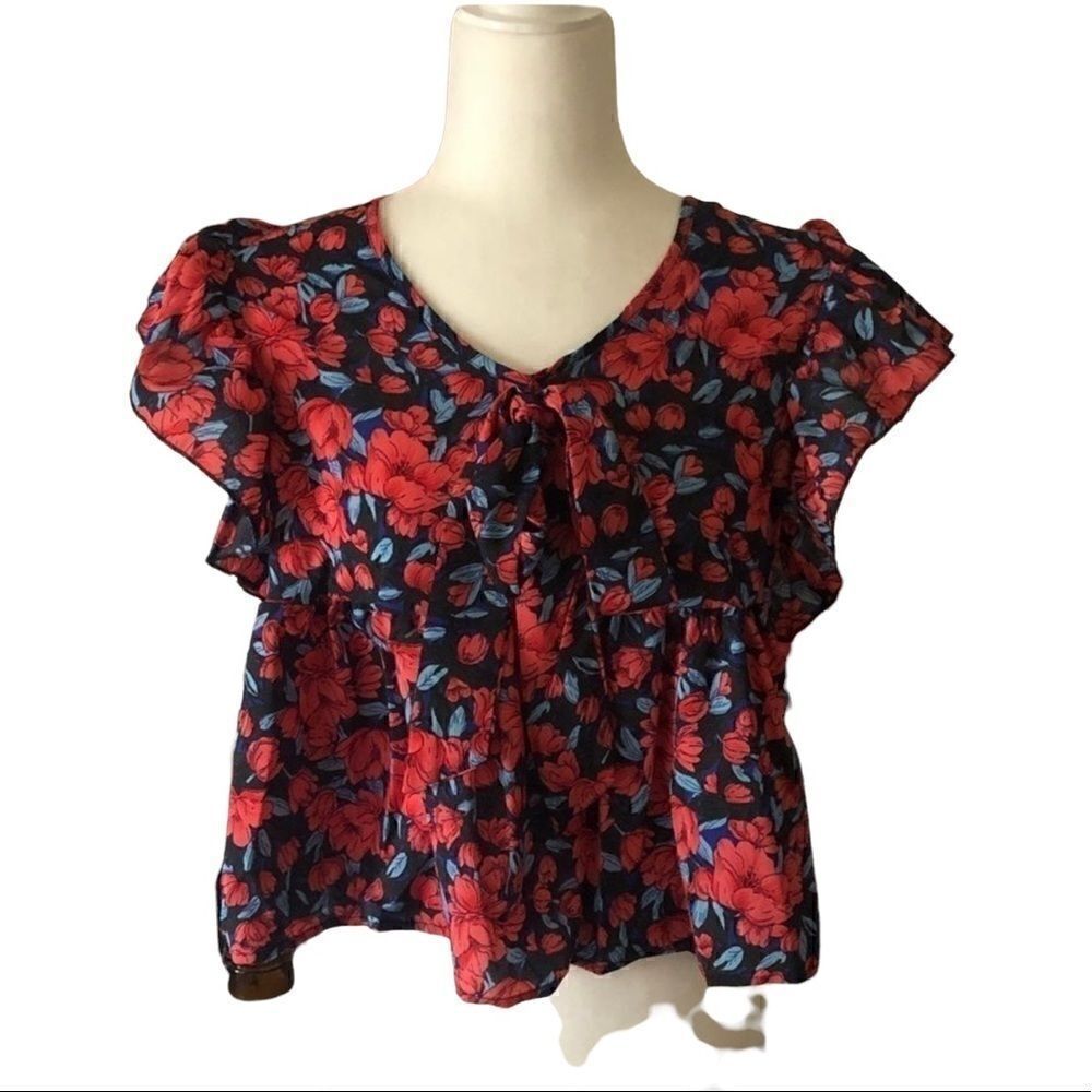 Flutter Sleeve Flowy Crop Top Blue and Red
